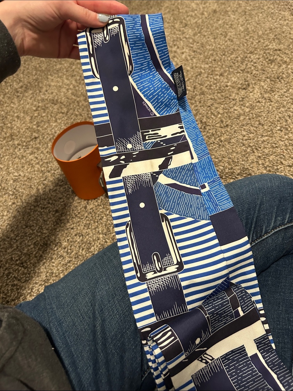 Hermes Orange Round Box with Blue & White Striped Hair Scarf - Picture 2 of 8